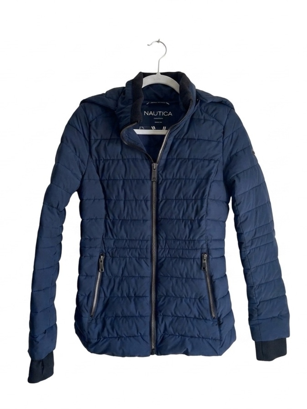 Nautica Woman Navy Quilted Lightweight Puffer Jacket Detachable Hood XS